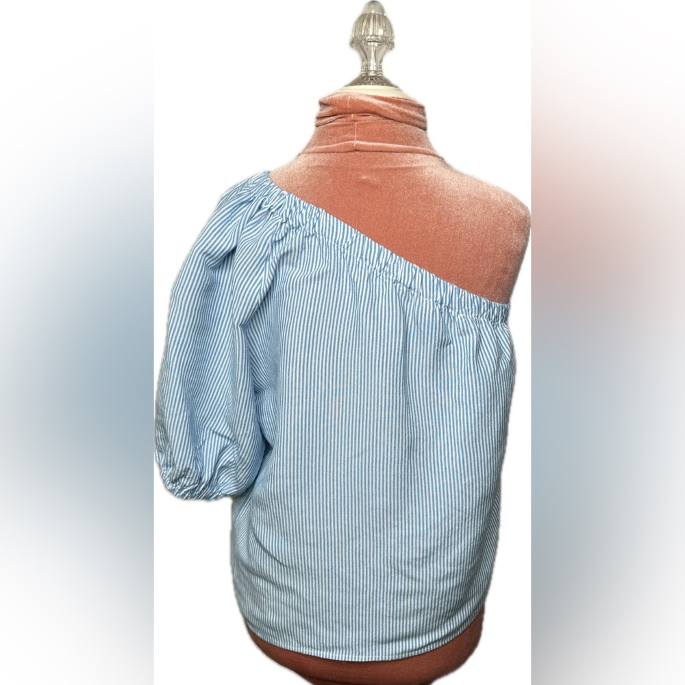 Loft Linen blend Striped One-Shoulder Top Blue White Women’s Size Large - Picture 3 of 12